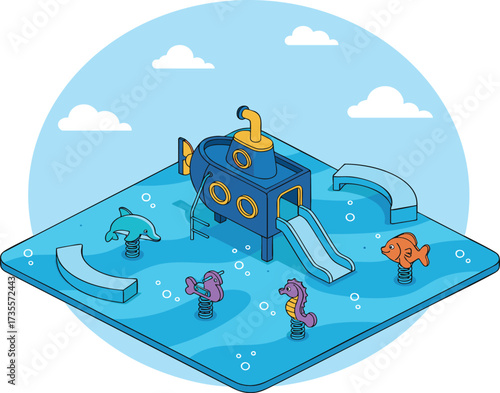 Submarine playground structure offers fun for children in an aquatic themed park with slides and sea creature features, creating a playful atmosphere.