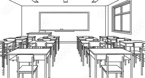A classroom interior with rows of desks, chairs, a whiteboard, and a window, all in a line drawing style