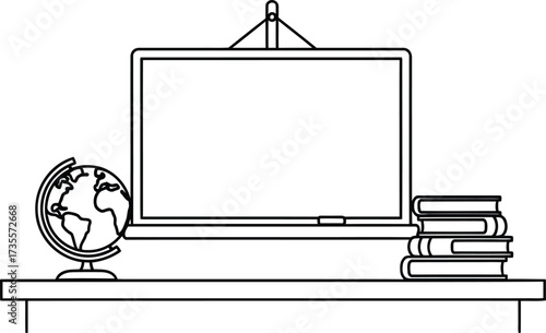A line drawing of a classroom setup with a globe, books, and a chalkboard on a table surface