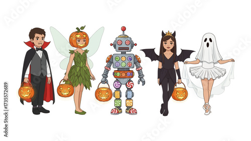 Happy Halloween: A cheerful assortment of children in festive costumes, complete with charming pumpkin lanterns, are poised for a joyful trick-or-treating expedition.