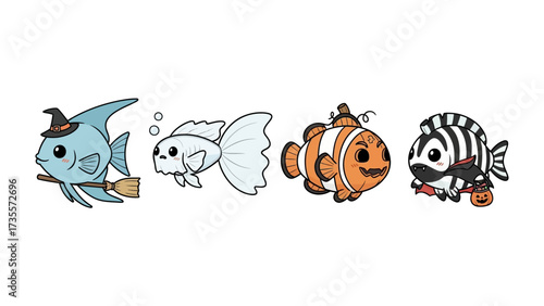 Halloween fish illustration: A playful and charming illustration of four festive fishes, each dressed in a Halloween costume, evoking a sense of fun and creativity
