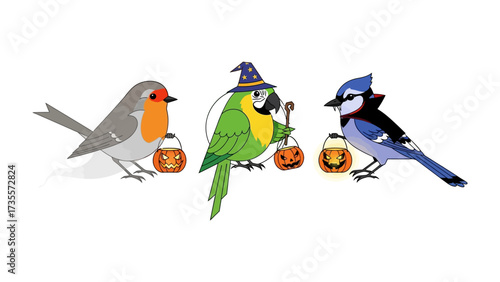 Spooky Avian Trio: A vibrant cartoon featuring three charming avian friends in festive Halloween costumes, showcasing Halloween spirit, their unique personalities, and trick-or-treating adventures.
