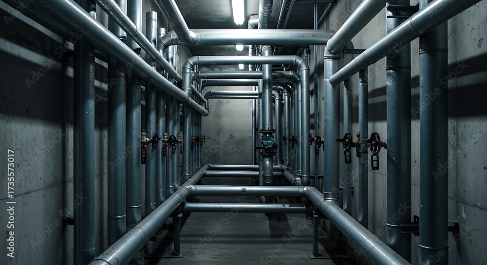 Fototapeta premium Industrial Pipe Network in Underground Utility Room with Metal Valves and Concrete Walls
