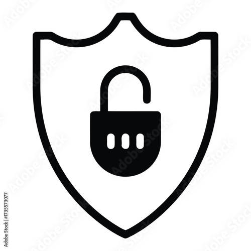 Vector art of shield with unlocked padlock icon, representing security and access