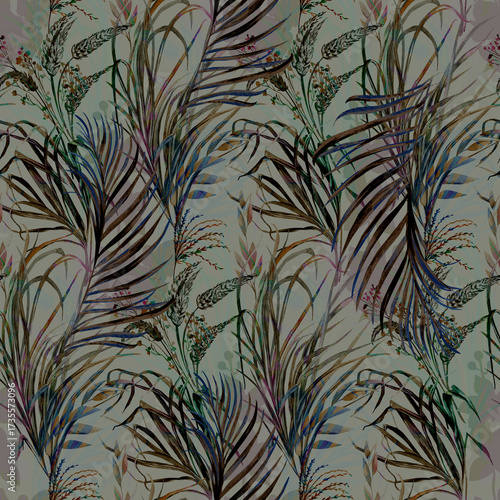 Seamless watercolor black and white pattern with delicate stems and leaves of palm grasses in monochrome shades for textiles