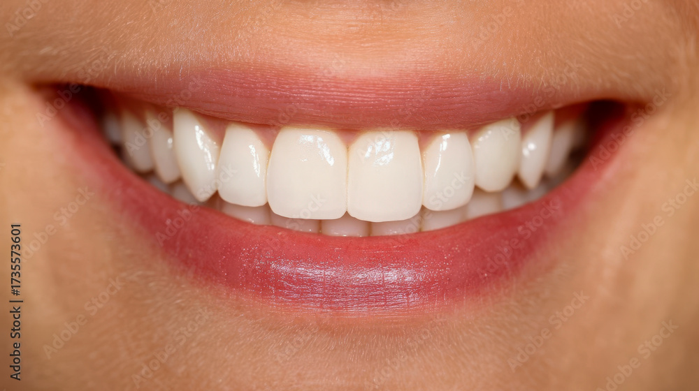 Obraz premium The close -up of a smiling mouth with perfect white teeth, the concept of dental health and cosmetic dentistry