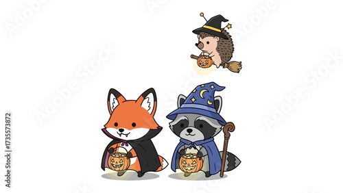Enchanting Halloween Crew: A whimsical scene unfolds as a fox and a raccoon, dressed in charming Halloween costumes, prepare for trick-or-treating.