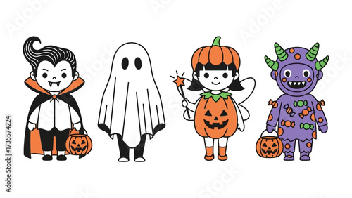 Whimsical Halloween Costumes: Delightful cartoon characters in playful attire, capturing the spirit of Halloween with cheerful smiles and vibrant colors.