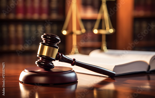 intimate shot capturing the essence of justice, a gavel rests poised on a wooden block, alongside a set of scales, and a partially opened book.