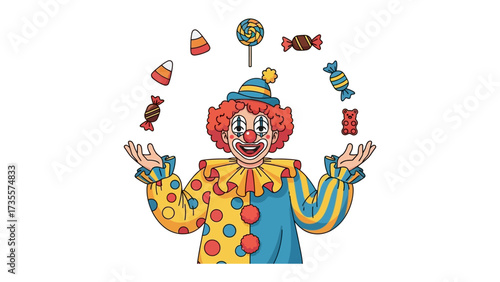 Colorful Clown Juggling Sweets: A cheerful clown, with a playful expression, juggles an assortment of candies, embodying the spirit of fun and amusement.
