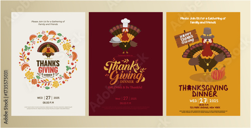 Set of Elegant Thanksgiving dinner invitation card and poster with cartoon Turkey characters and autumn elements. Best for family dinner, greeting card, family gathering and seasonal events. 