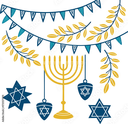 hanukkah celebration design with golden menorah blue dreidels and star of david decorations