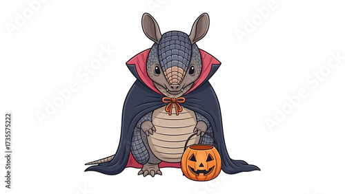 Halloween Armadillo: A whimsical Halloween scene featuring an armadillo dressed in a vampire costume holding a jack-o'-lantern, evoking the spooky season's fun and fantasy.