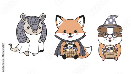 Enchanted Trio of Animals: In a whimsical illustration, an armadillo, a fox, and a guinea pig, each with unique charm, share the stage in a fantastical setting.