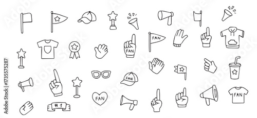 set of football elements in doodle style hand drawn sketch vector illustration