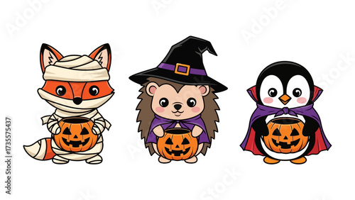 Halloween Trio: An adorable illustration showcases a fox mummy, a hedgehog witch, and a penguin vampire, each clutching a jack-o'-lantern. They form a charming Halloween collection.