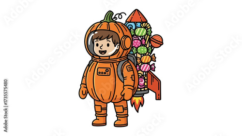 The Candy Cosmonaut: A delightful young explorer, donned in a charming pumpkin spacesuit, embarks on a thrilling adventure, propelled by a vibrant rocket bursting with colorful sweets.