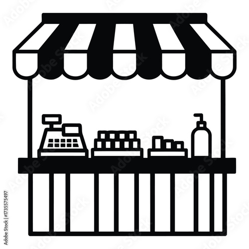 Illustration of a market stall with a cash register and goods