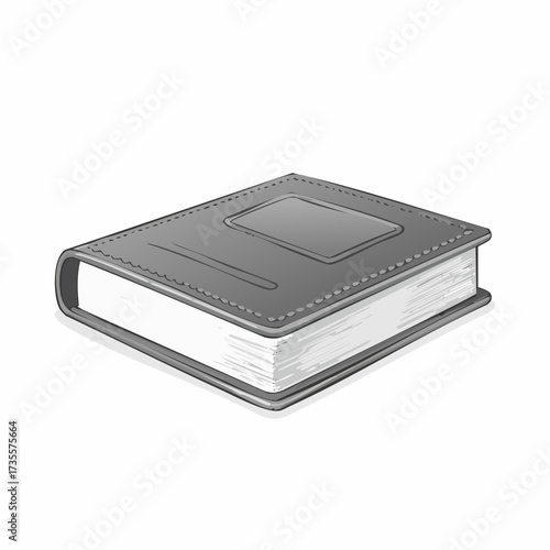 A closed, dark gray hardcover book with a blank rectangular label on its cover, resting on a white background.