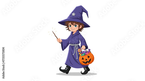 Spooky Sorcery: A youthful wizard with a magic wand casting a spell with a jack-o'-lantern treat bag. This illustration brings a touch of magic to the autumn season.