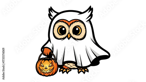 Halloween Owl in Costume: An adorable owl, adorned in a playful ghost costume, clutches a jack-o'-lantern, embodying the spooky spirit and fun of Halloween.