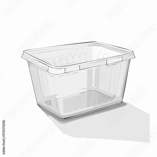 Illustration of a clear plastic clamshell container, likely for produce, with a shadow.