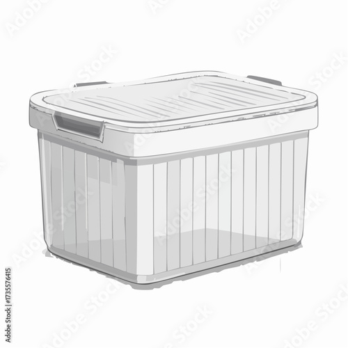 A clear plastic storage container with a white lid and grey handles, depicted in a clean, illustrative style on a white background.