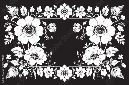  Laser cut black flower frame drawing in classic black and white, designed with delicate floral patterns and ornamental borders.