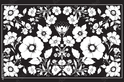  Laser cut black flower frame drawing in classic black and white, designed with delicate floral patterns and ornamental borders.