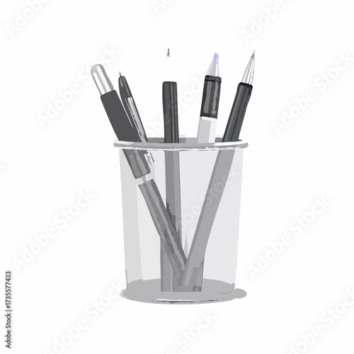A clear plastic pen holder filled with various black and white pens and markers on a white background.