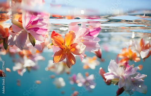 Delicate petals dance on the surface of the water, capturing a moment of ephemeral beauty. The light playfully interacts with the vibrant colors of the floating flora.