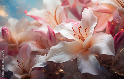 Enchanting Lily Bloom: Delicate lily blossoms unfurl, their elegant petals kissed by gentle light and imbued with a dreamlike, ethereal quality.