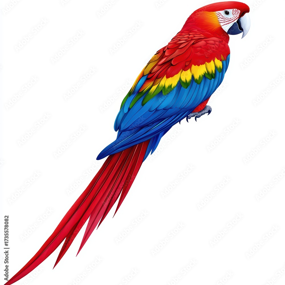 Obraz premium A vibrant, colorful parrot displays a mix of red, green, blue, and yellow feathers, showcasing its striking appearance and long tail.