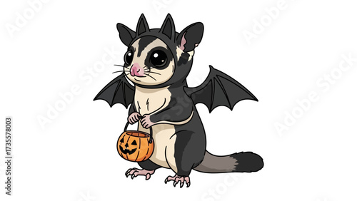 Spooky sugar glider with costume and pumpkin basket: A cute sugar glider dons a Halloween costume, complete with bat wings and headpiece, and carries a jack-o'-lantern basket.