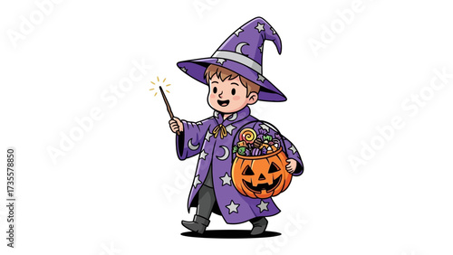 Young Wizard in Costume: A charming young wizard, dressed in a vibrant purple robe and hat adorned with celestial symbols, joyfully carries a Jack-o'-lantern filled with treats.