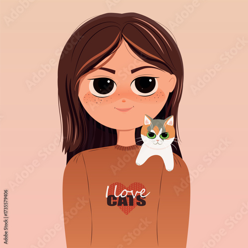 Girl with cat cartoon style. Vector illustration. I love cats.