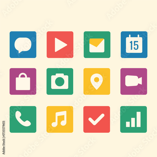 Set of flat colorful app icons with symbols for communication, music, maps, photos, and productivity. Modern vector illustration for UI, social media, and technology themes.