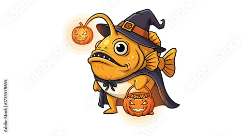 Halloween Anglerfish's Tricks: A charming anglerfish decked out for Halloween, donning a witch's hat and holding a lantern-lit pumpkin, is set to engage in some trick or treat fun.
