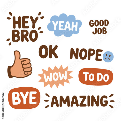 Collection of hand-drawn cartoon phrases and icons for communication and feedback 