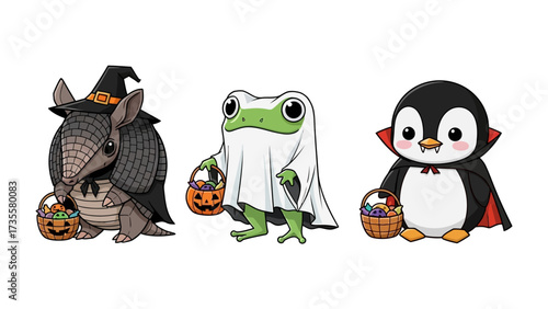 Halloween Costume Party: Cute cartoon animals dressed in adorable costumes, prepared for trick-or-treating with vibrant colors. 
