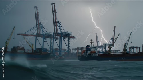Dramatic shot of cargo ships at the docks under overcast moody sky with powerful cranes and stormy ocean waves showcasing industrial activity
