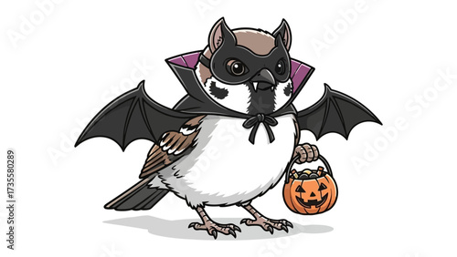 Halloween Sparrow in Costume: A charming sparrow, playfully decked out in a whimsical Halloween costume, embodying the spirit of fun and festivity with a tiny jack-o'-lantern. 