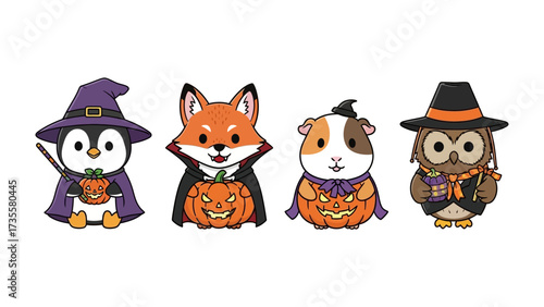 Spooky Animal Ensemble: An adorable illustration featuring a penguin, fox, guinea pig, and owl, each dressed in Halloween costumes with pumpkins and hats, ready for trick-or-treating.