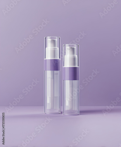 Clear Airless Pump Bottles on Minimal Purple Studio with Wide Copy Space