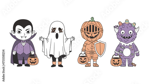 Halloween Characters Parade: A whimsical illustration showcasing a charming array of Halloween characters, perfect for capturing the festive spirit of the season.