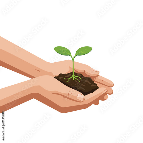 Hands holding a small plant with soil.
