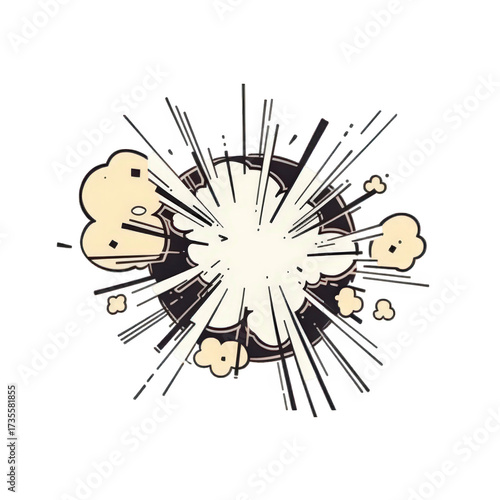Explosion Burst with Radial Lines and Cloud Puff Accents in Neutral Tones on Transparent Backdrop for Comic Effect Blast Impact Symbol and Design Element Isolated