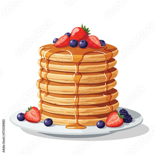 Stack of Pancakes with Berries and Syrup.