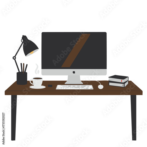 Modern Computer Desk Setup With Lamp And Coffee.