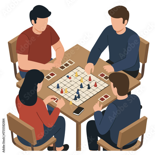 Four friends playing a board game together at a table.